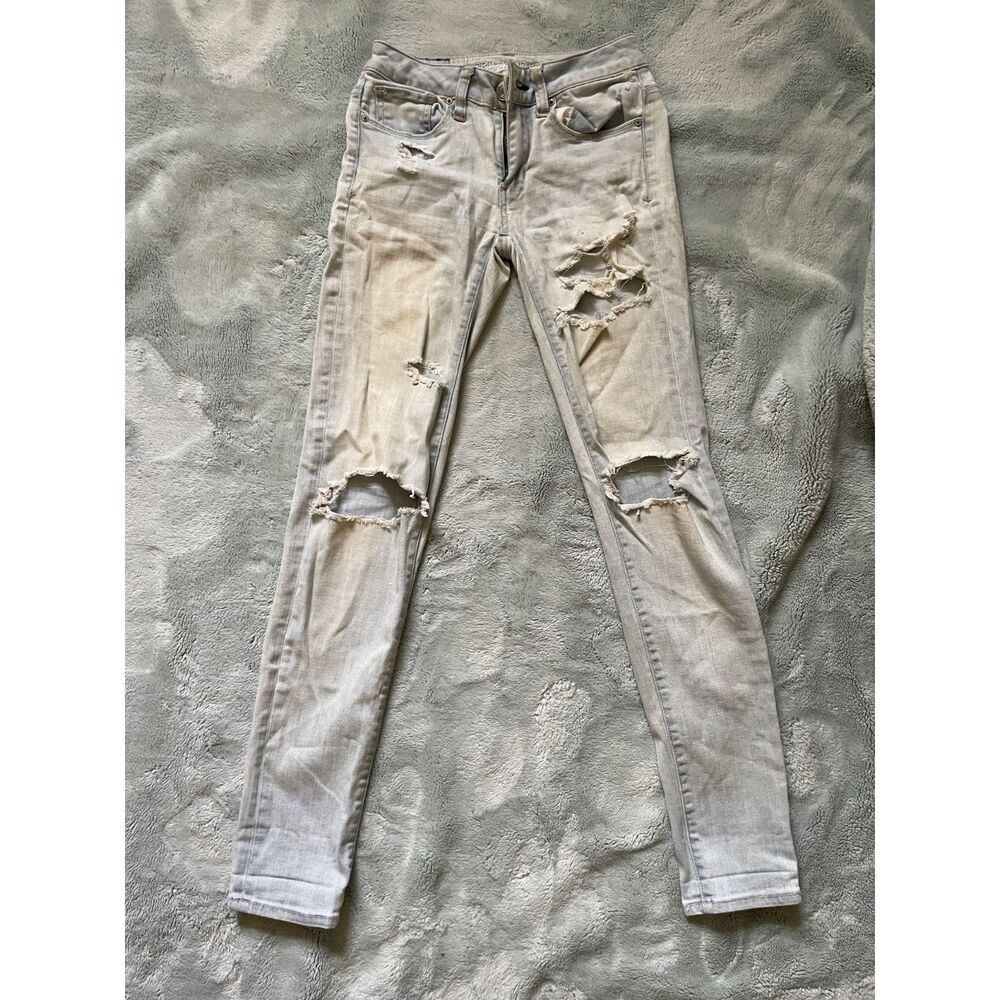 American Eagle Ultra Low Waist Skinny Distressed Jeans Blue Ripped Denim Size 00